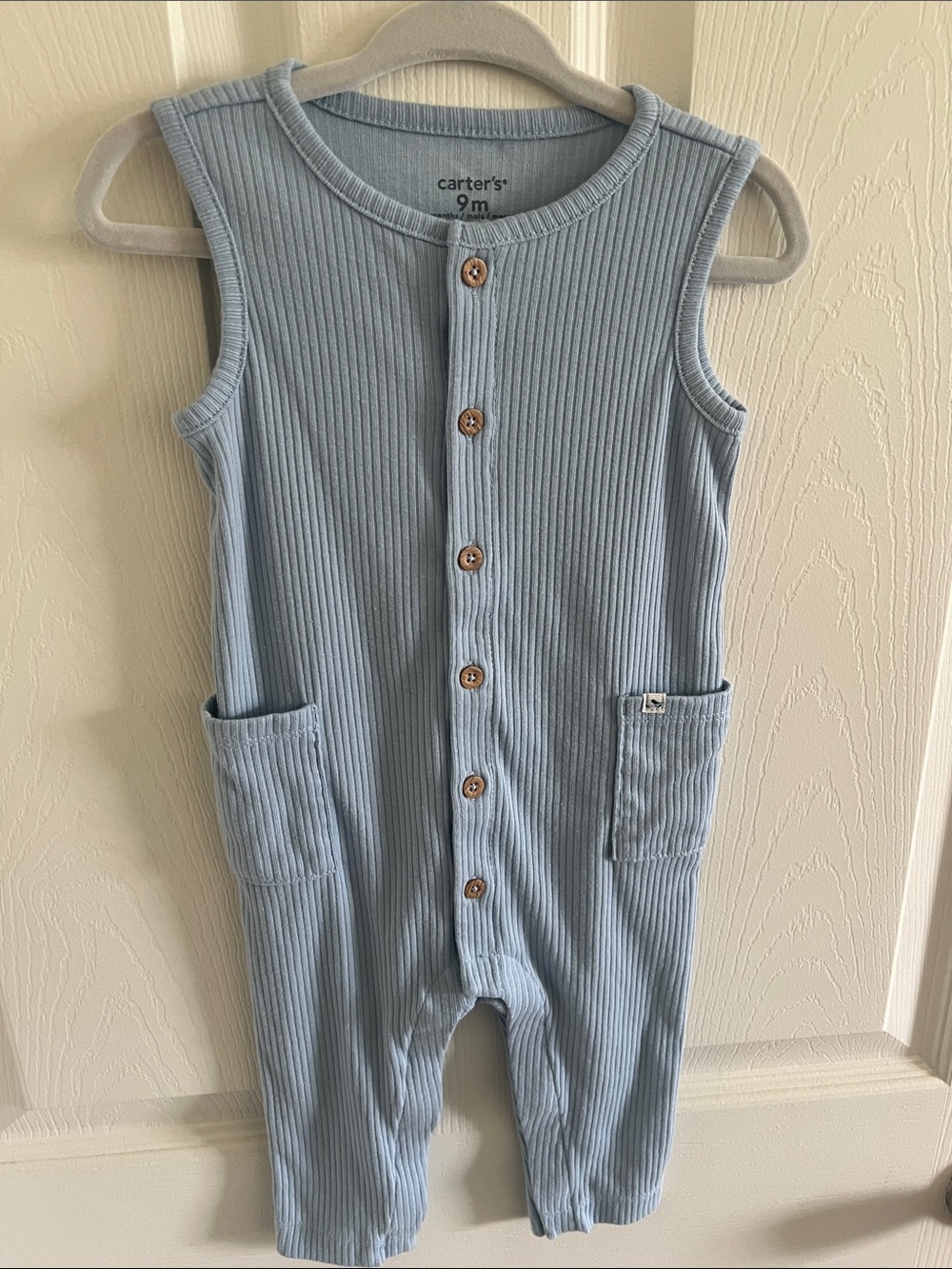 Carter's Baby Blue Ribbed Button-Front Sleeveless Romper